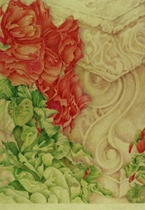 Floral with Carved Bench